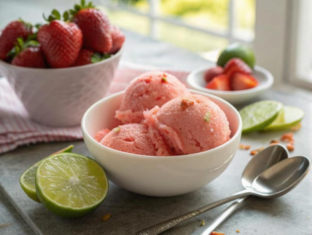 Aardbeien-limoensorbet