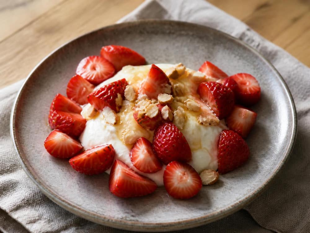 Aardbeien met Griekse yoghurt en amandel