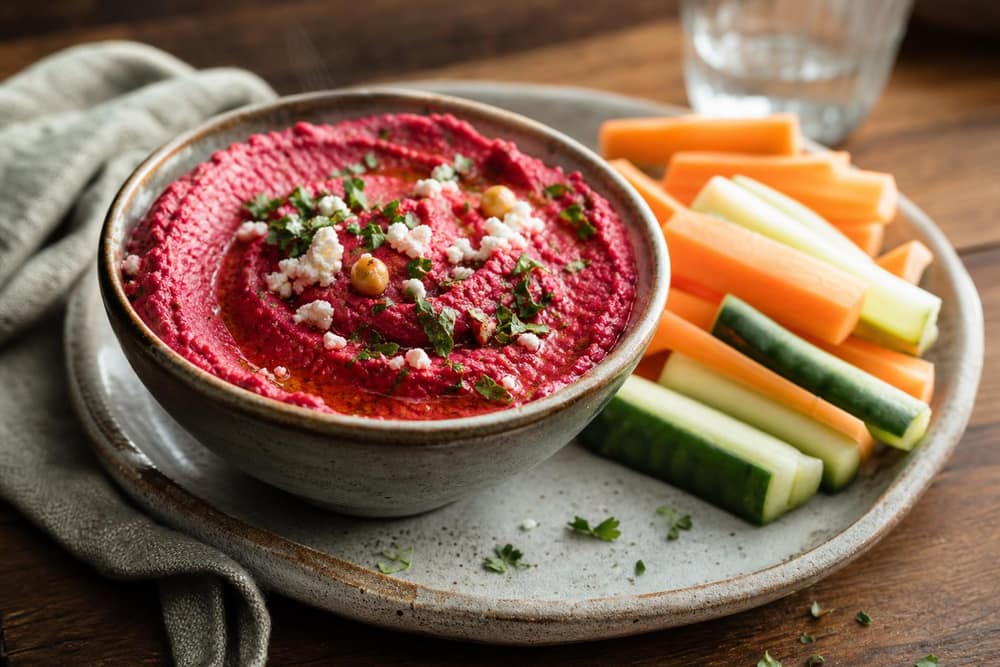 Bietenhummus met groentereepjes