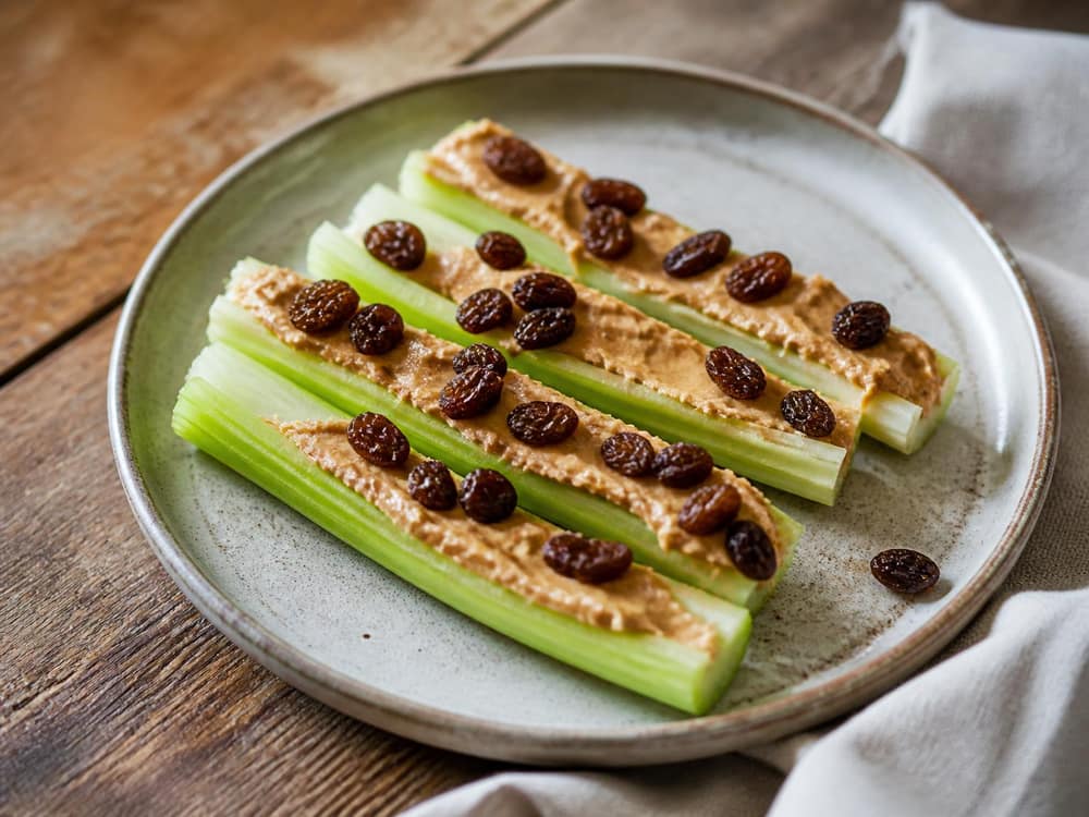 Bleekselderij met pindakaas en rozijnen