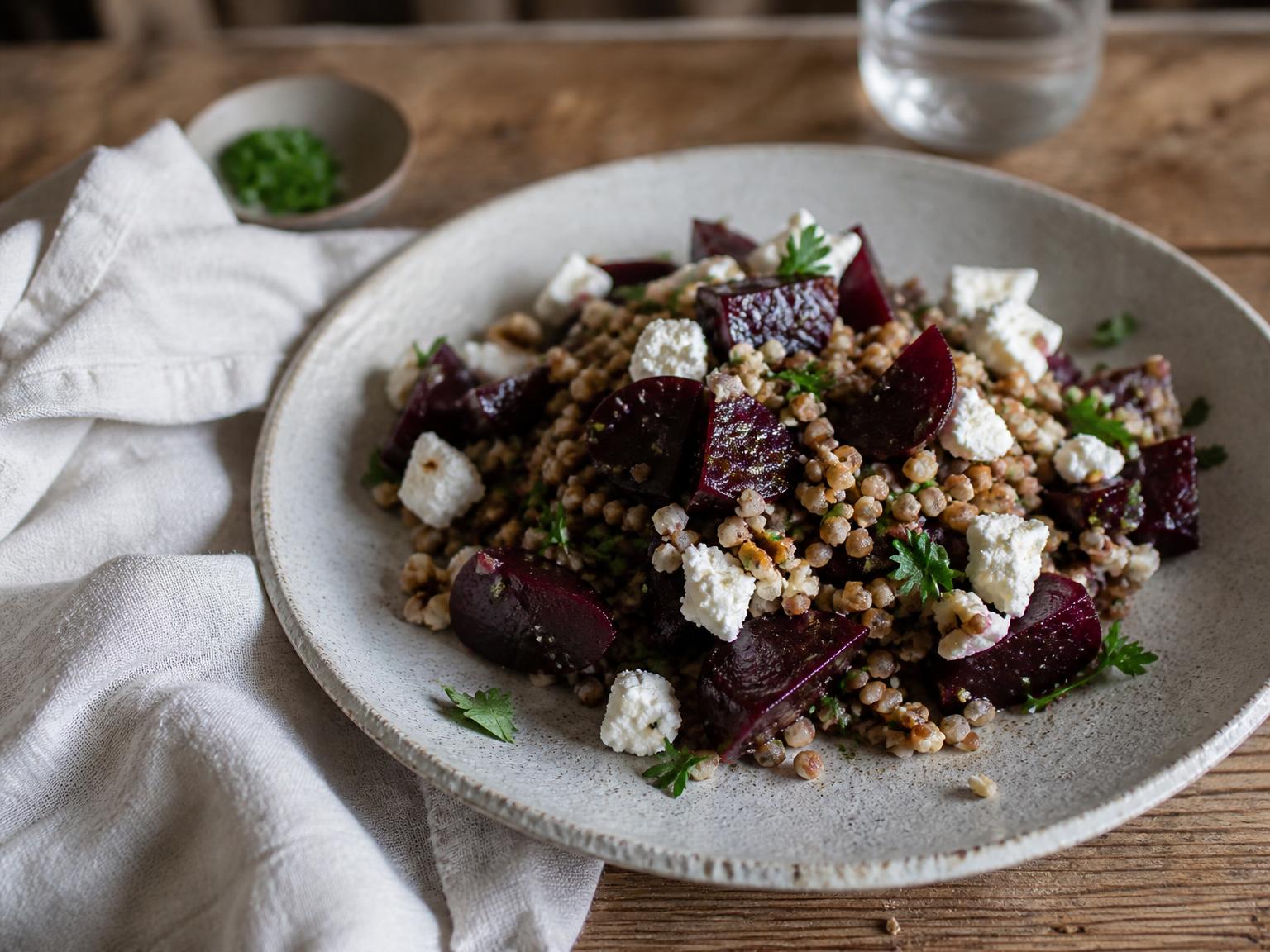 Boekweitsalade met geitenkaas en rode biet