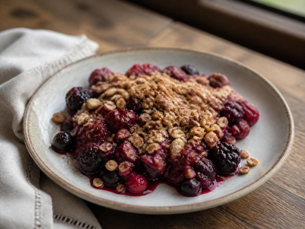 Bosvruchtencrumble met havermout en amandel