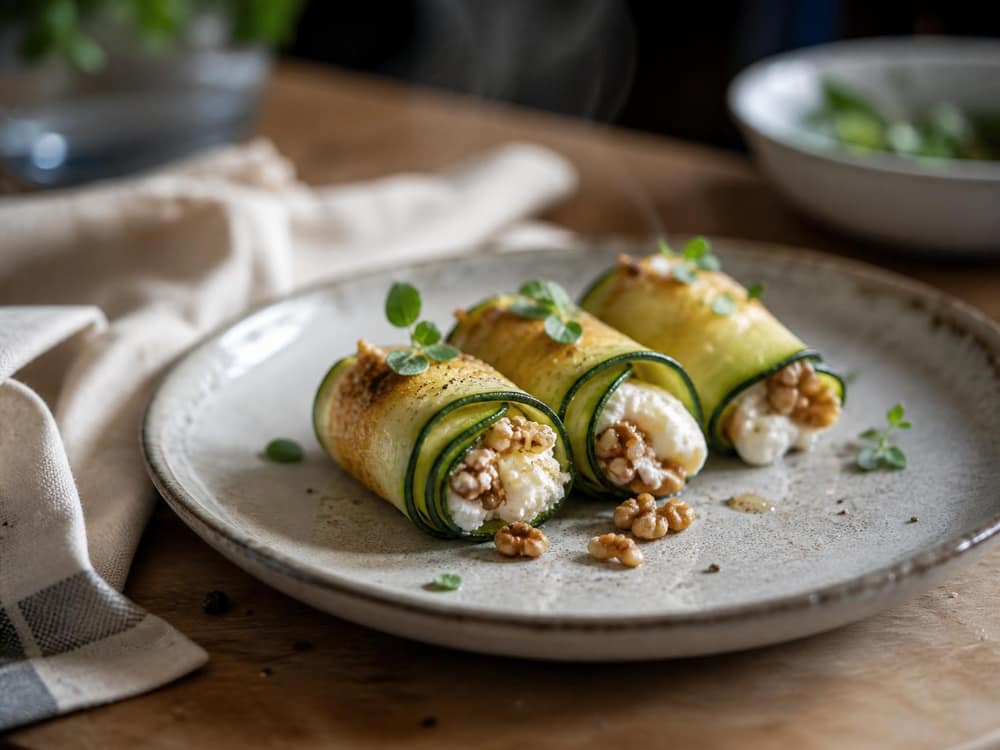 Courgetterolletjes met geitenkaas en walnoot