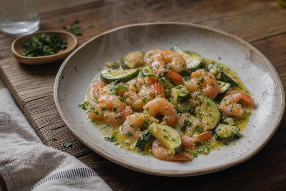 Garnalen in knoflooksaus met courgette