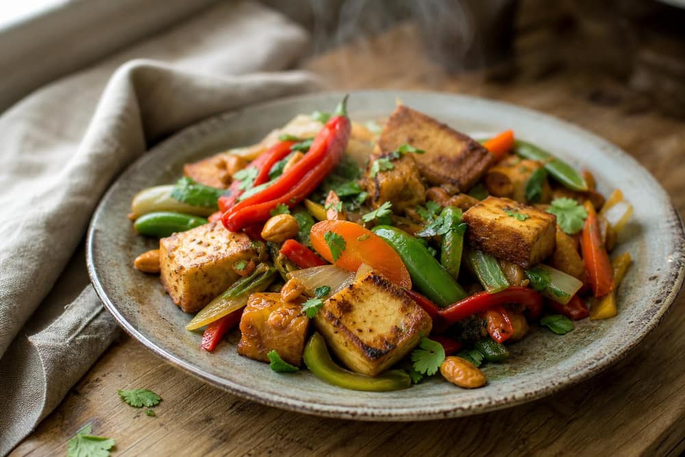 Gebakken tofu roerbak met knapperige groenten