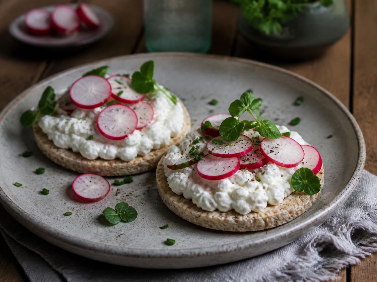 Rijstwafels met hüttenkäse en radijs