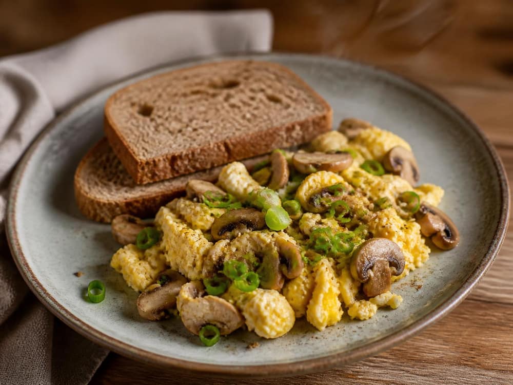 Roerei met champignons en lente-ui