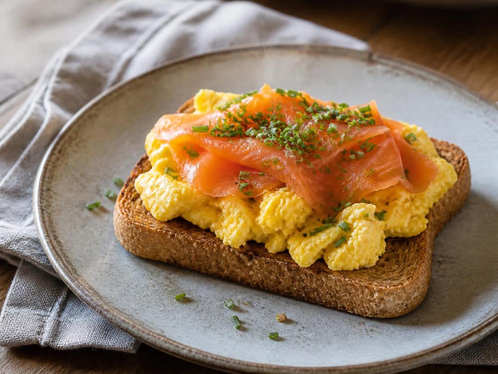 Roerei met gerookte zalm op volkorentoast