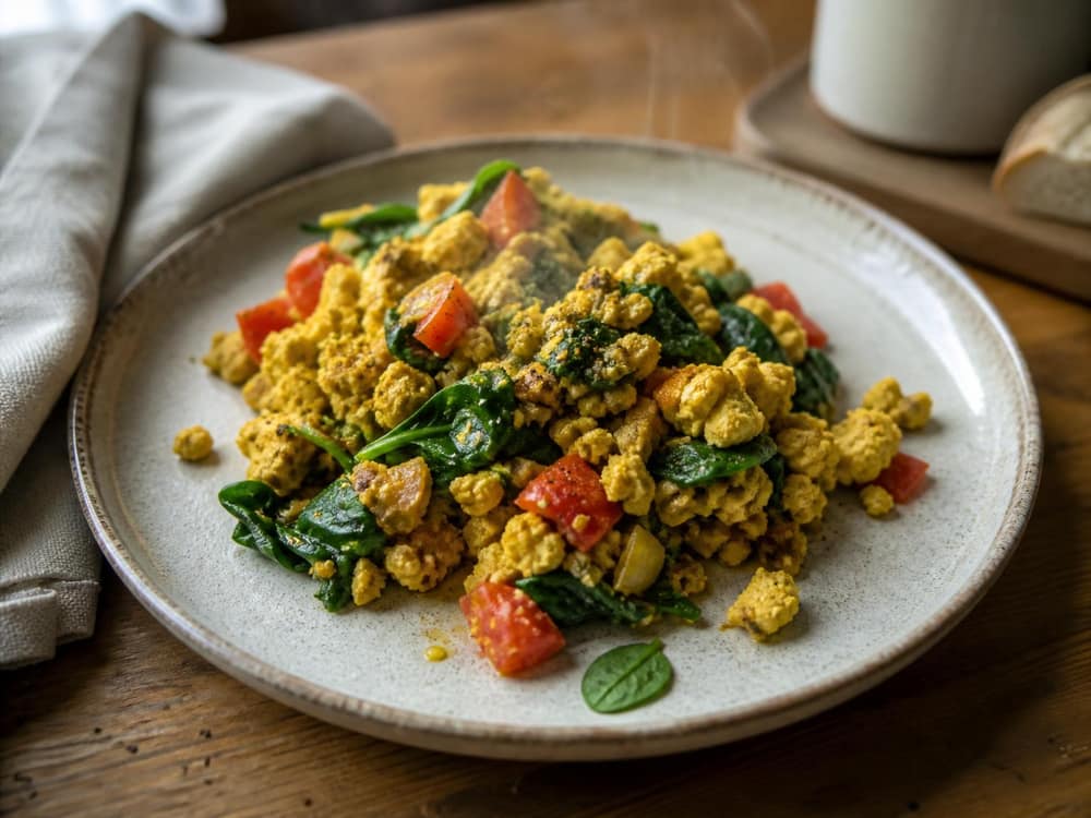 Tofu-scramble met spinazie en tomaat