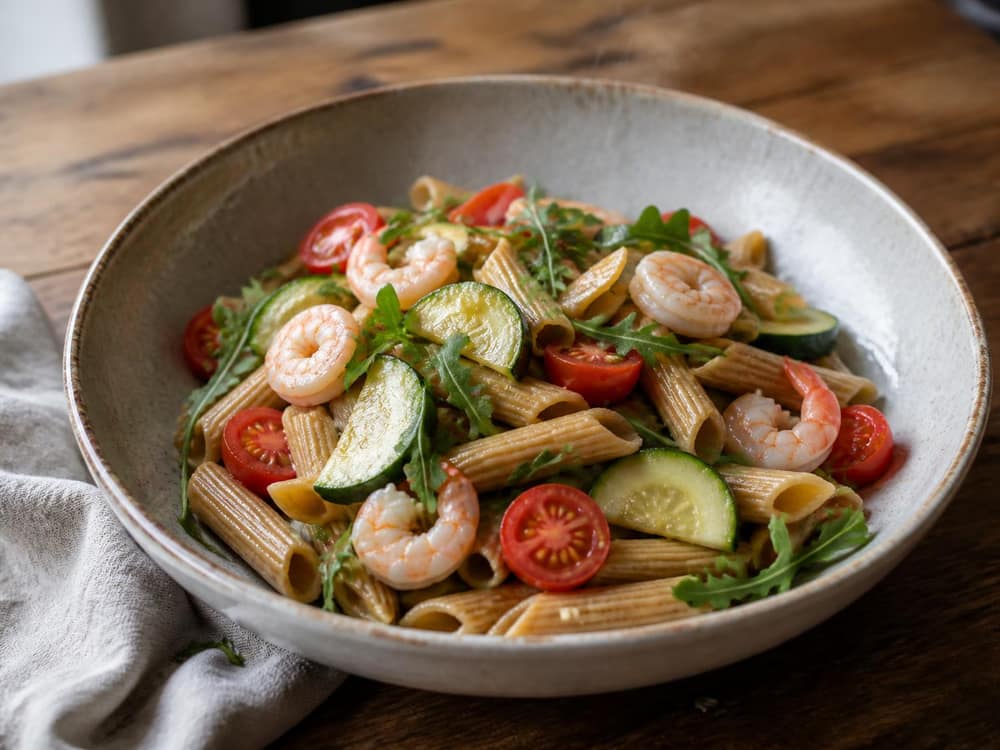 Volkoren pastasalade met garnaal en courgette