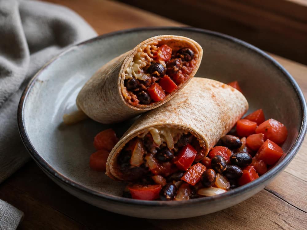 Warme wrap met zwarte bonen en paprika