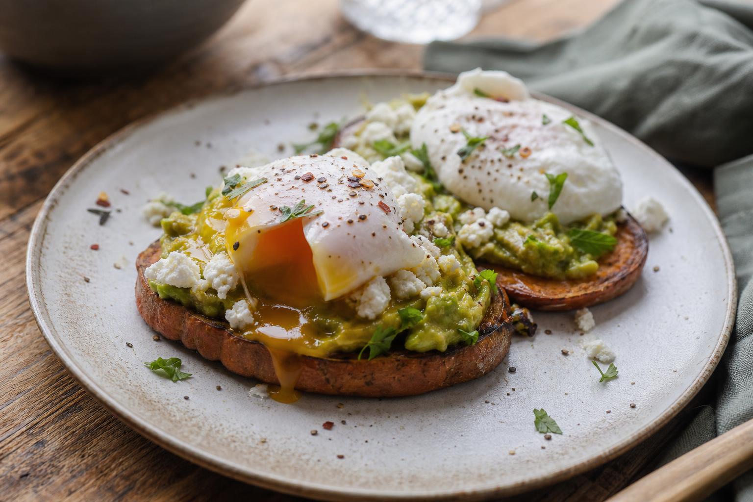 Zoete-aardappeltoast met avocado en ei